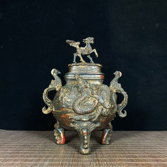 Phoenix Ear Kirin Lid Incense Burner with Relief Dragon - Exquisite Craftsmanship and Cultural Heritage Antique