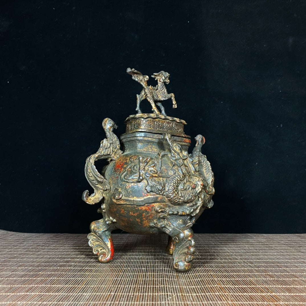 Phoenix Ear Kirin Lid Incense Burner with Relief Dragon - Exquisite Craftsmanship and Cultural Heritage Antique