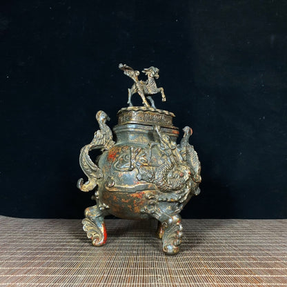 Phoenix Ear Kirin Lid Incense Burner with Relief Dragon - Exquisite Craftsmanship and Cultural Heritage Antique