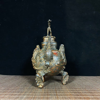 Phoenix Ear Kirin Lid Incense Burner with Relief Dragon - Exquisite Craftsmanship and Cultural Heritage Antique