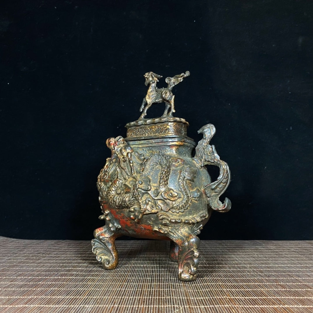 Phoenix Ear Kirin Lid Incense Burner with Relief Dragon - Exquisite Craftsmanship and Cultural Heritage Antique