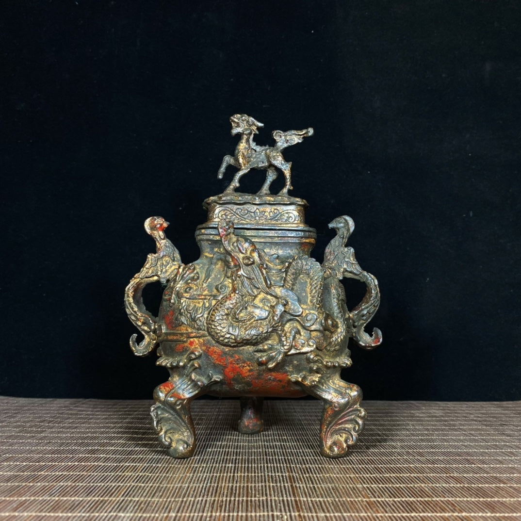 Phoenix Ear Kirin Lid Incense Burner with Relief Dragon - Exquisite Craftsmanship and Cultural Heritage Antique