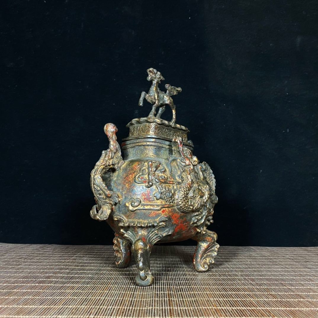 Phoenix Ear Kirin Lid Incense Burner with Relief Dragon - Exquisite Craftsmanship and Cultural Heritage Antique