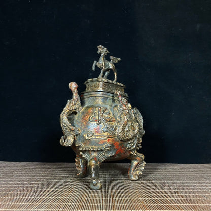 Phoenix Ear Kirin Lid Incense Burner with Relief Dragon - Exquisite Craftsmanship and Cultural Heritage Antique