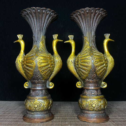 Antique Style Handcrafted Twin Peacock Copper Gilded Vases - A Pair