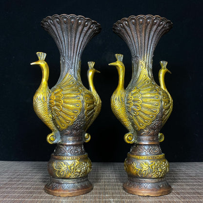 Antique Style Handcrafted Twin Peacock Copper Gilded Vases - A Pair