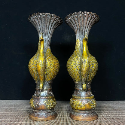 Antique Style Handcrafted Twin Peacock Copper Gilded Vases - A Pair