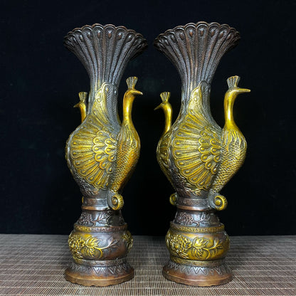 Antique Style Handcrafted Twin Peacock Copper Gilded Vases - A Pair