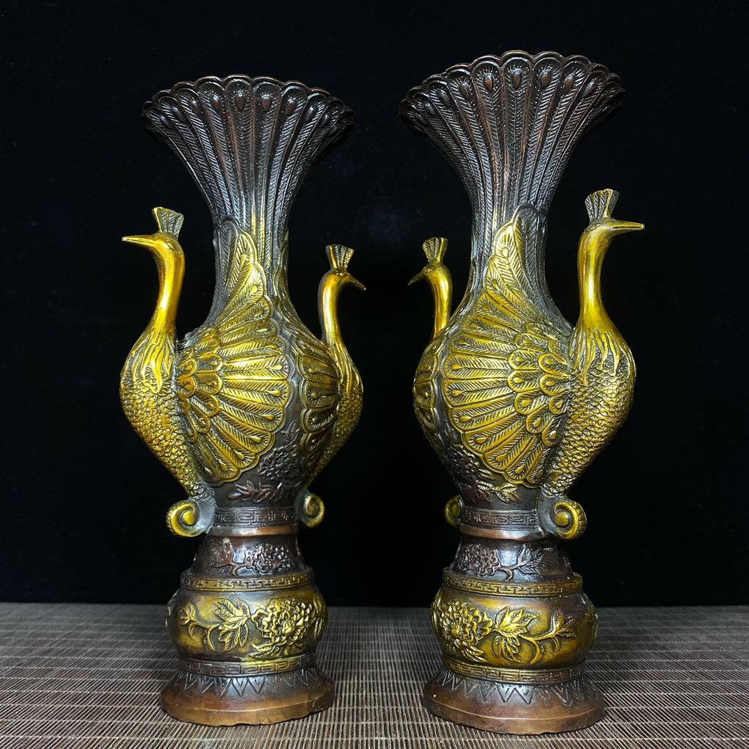 Antique Style Handcrafted Twin Peacock Copper Gilded Vases - A Pair