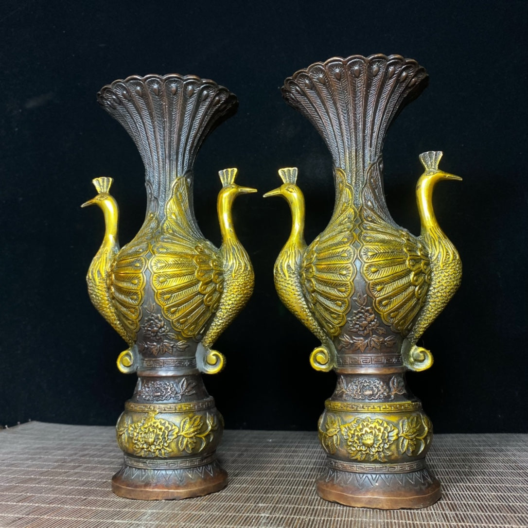 Antique Style Handcrafted Twin Peacock Copper Gilded Vases - A Pair