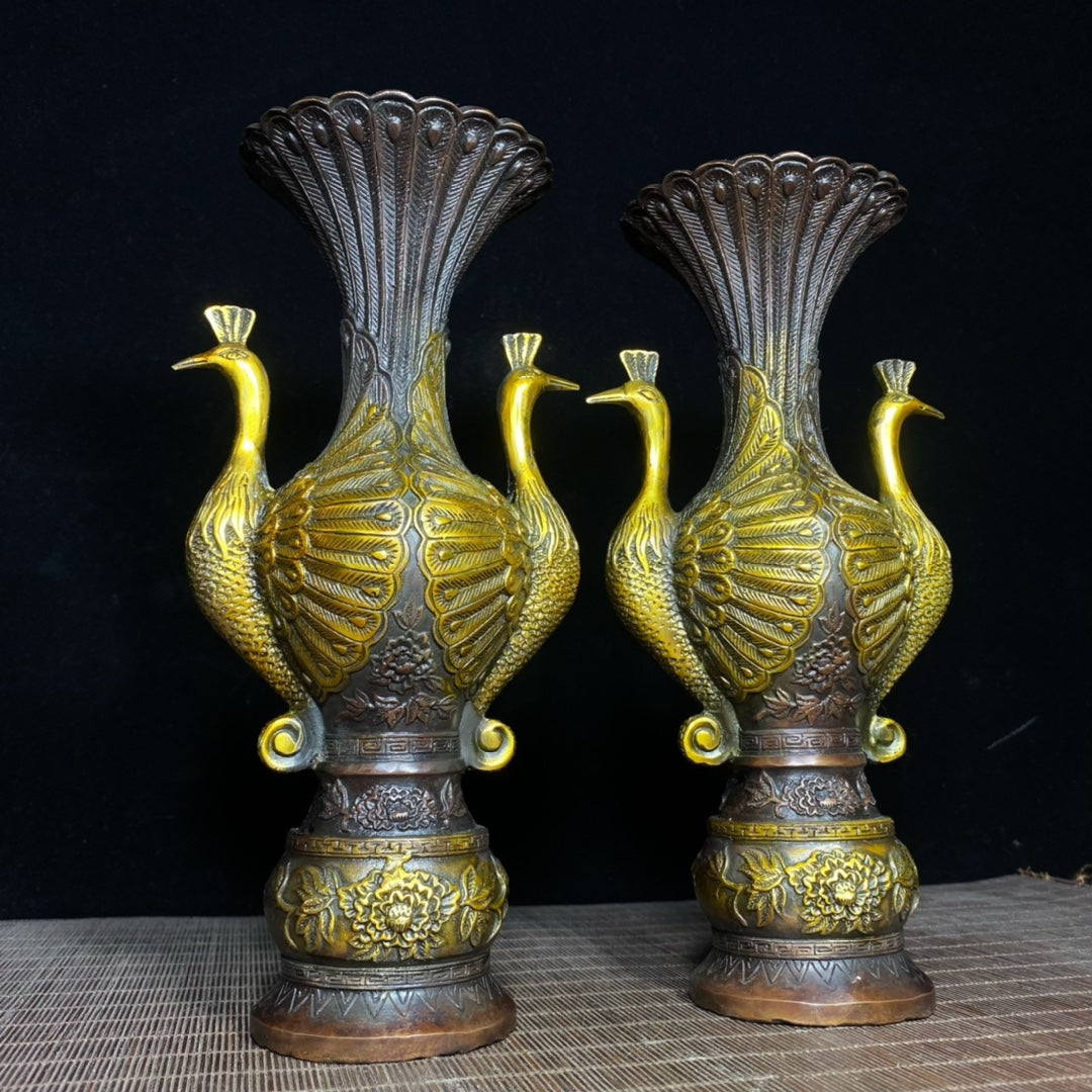 Antique Style Handcrafted Twin Peacock Copper Gilded Vases - A Pair