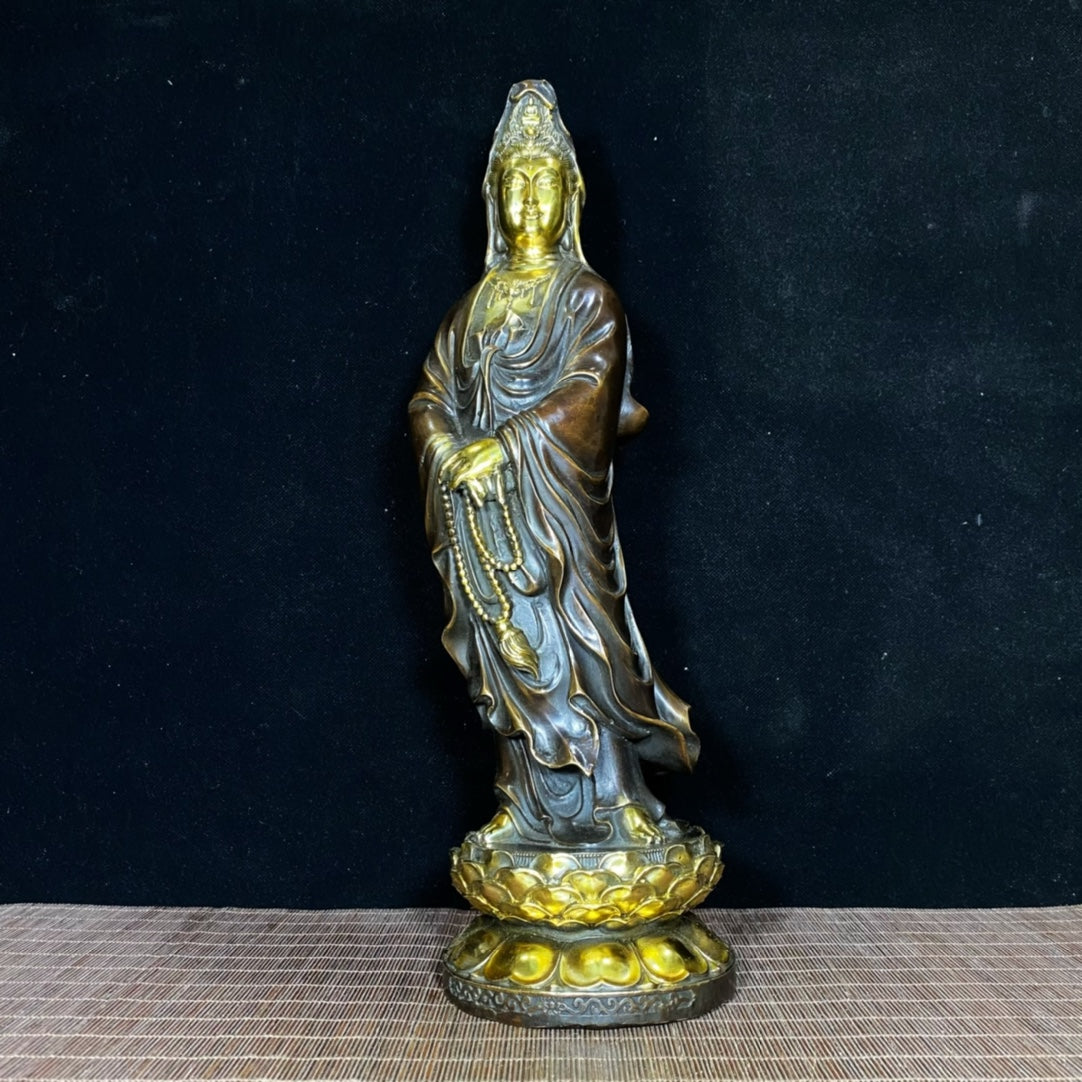 Pure Copper Gilded Lotus Stand Guanyin - Exquisite Craftsmanship and Cultural Heritage Antique Art Piece