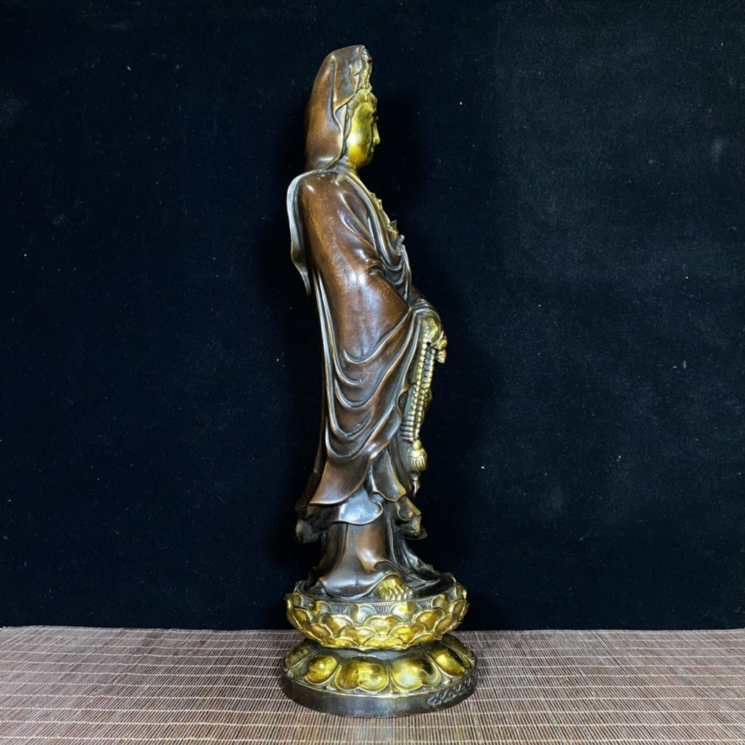 Pure Copper Gilded Lotus Stand Guanyin - Exquisite Craftsmanship and Cultural Heritage Antique Art Piece