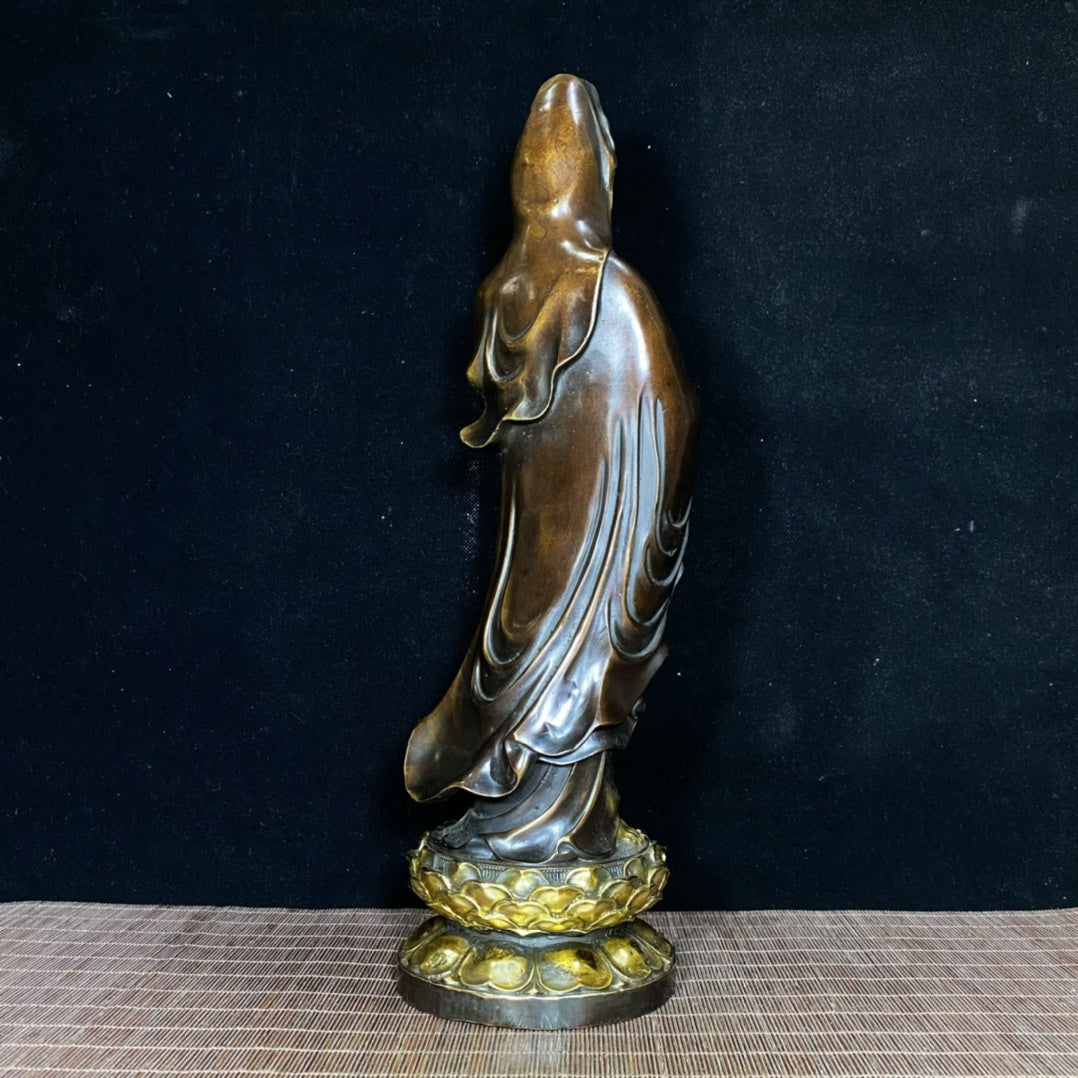 Pure Copper Gilded Lotus Stand Guanyin - Exquisite Craftsmanship and Cultural Heritage Antique Art Piece