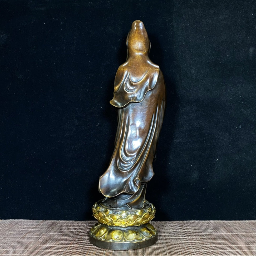 Pure Copper Gilded Lotus Stand Guanyin - Exquisite Craftsmanship and Cultural Heritage Antique Art Piece