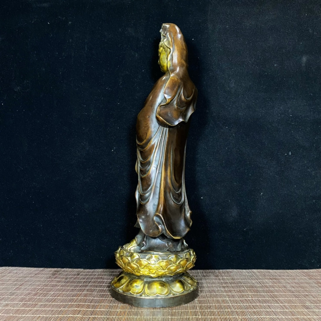 Pure Copper Gilded Lotus Stand Guanyin - Exquisite Craftsmanship and Cultural Heritage Antique Art Piece