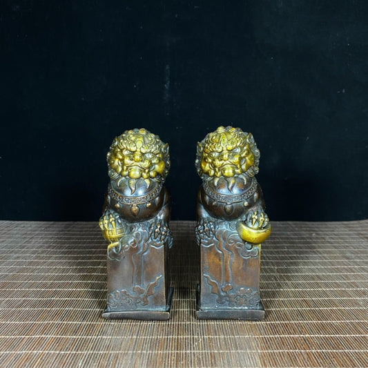 Solid Brass Gilded Lion Statues with Ruyi Ball and Cloud Patterns - Antique Masterpiece