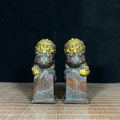 Solid Brass Gilded Lion Statues with Ruyi Ball and Cloud Patterns - Antique Masterpiece