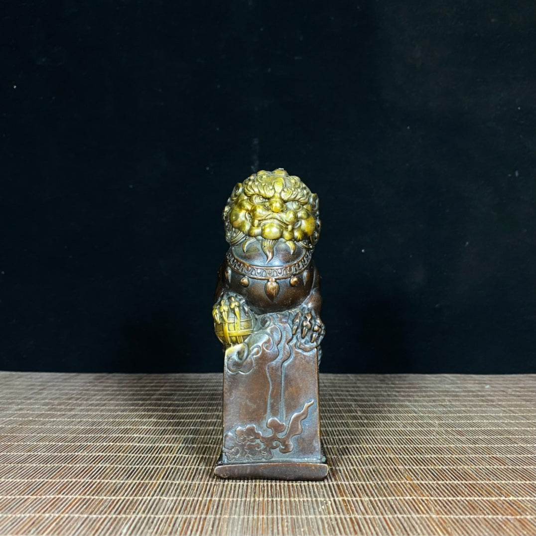 Solid Brass Gilded Lion Statues with Ruyi Ball and Cloud Patterns - Antique Masterpiece