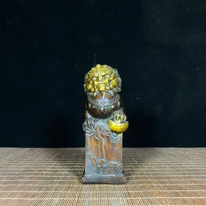 Solid Brass Gilded Lion Statues with Ruyi Ball and Cloud Patterns - Antique Masterpiece