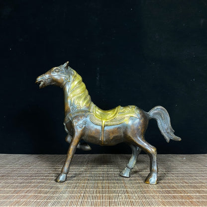 Handcrafted Antique Solid Brass Gilt Plum Blossom Horse Statue - Exquisite Art Piece