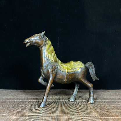 Handcrafted Antique Solid Brass Gilt Plum Blossom Horse Statue - Exquisite Art Piece