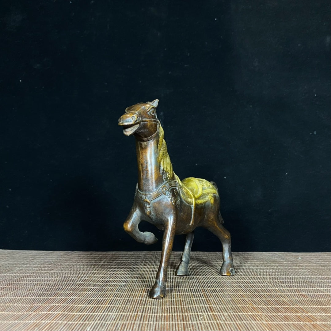 Handcrafted Antique Solid Brass Gilt Plum Blossom Horse Statue - Exquisite Art Piece