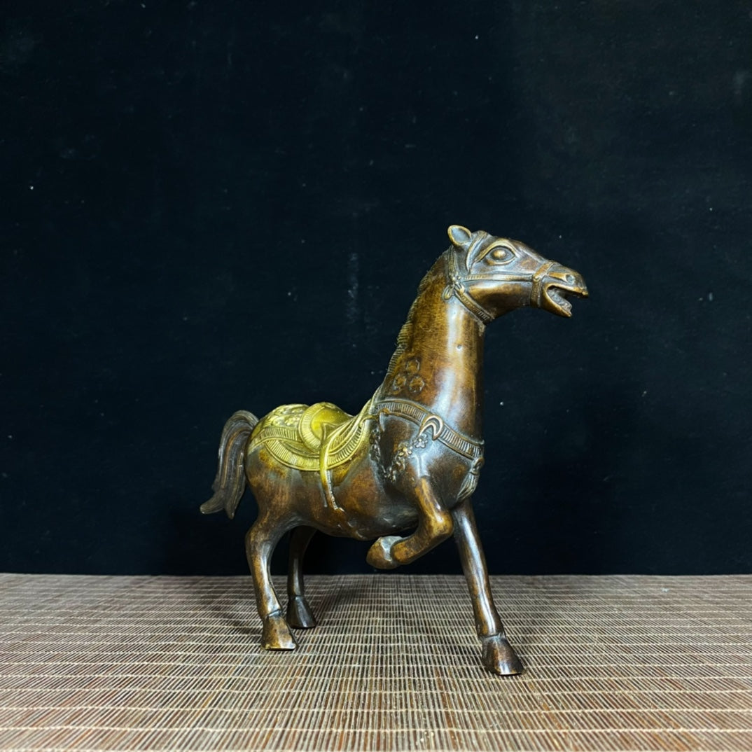 Handcrafted Antique Solid Brass Gilt Plum Blossom Horse Statue - Exquisite Art Piece