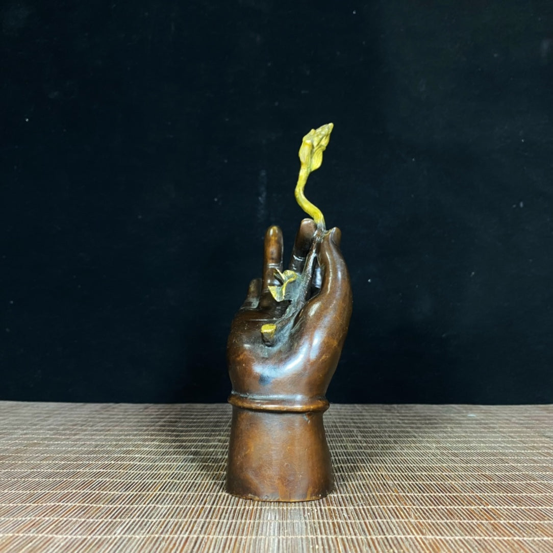 Exquisite Handcrafted Pure Copper Gilded Buddha Hand Lotus Sculpture - Antique Home and Office Decor