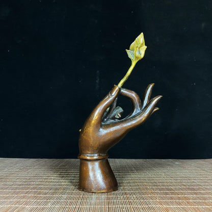 Exquisite Handcrafted Pure Copper Gilded Buddha Hand Lotus Sculpture - Antique Home and Office Decor