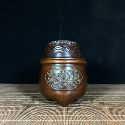 Handcrafted Pure Copper Incense Burner/Cricket Jar/Grasshopper Cage with Dragon and Phoenix Relief - Antique, Unique Gift