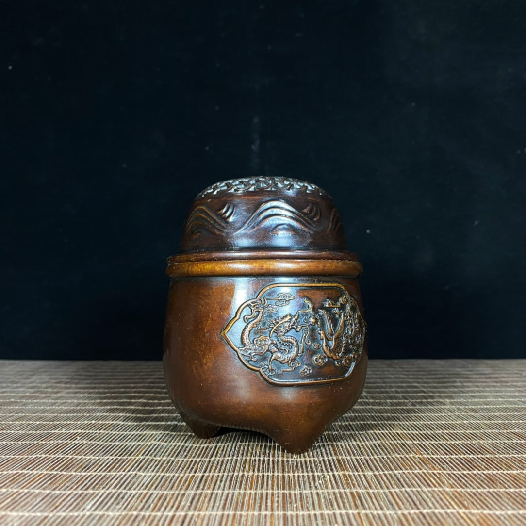 Handcrafted Pure Copper Incense Burner/Cricket Jar/Grasshopper Cage with Dragon and Phoenix Relief - Antique, Unique Gift