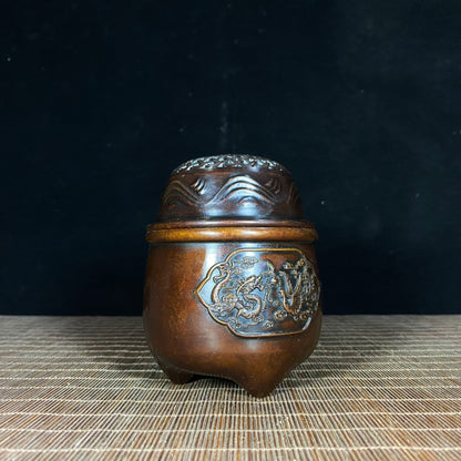 Handcrafted Pure Copper Incense Burner/Cricket Jar/Grasshopper Cage with Dragon and Phoenix Relief - Antique, Unique Gift