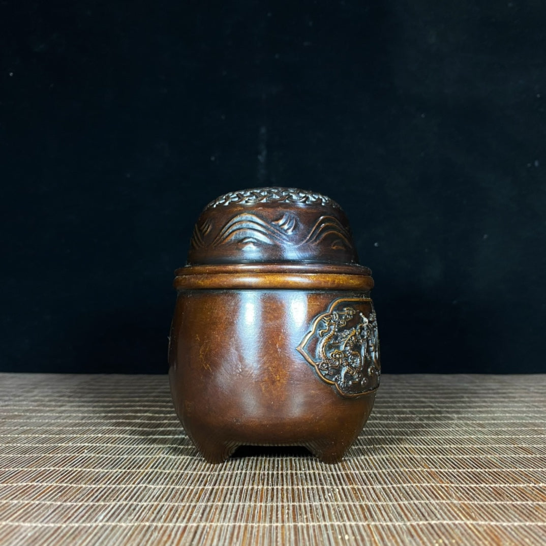 Handcrafted Pure Copper Incense Burner/Cricket Jar/Grasshopper Cage with Dragon and Phoenix Relief - Antique, Unique Gift