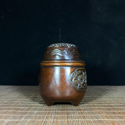 Handcrafted Pure Copper Incense Burner/Cricket Jar/Grasshopper Cage with Dragon and Phoenix Relief - Antique, Unique Gift