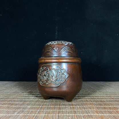 Handcrafted Pure Copper Incense Burner/Cricket Jar/Grasshopper Cage with Dragon and Phoenix Relief - Antique, Unique Gift