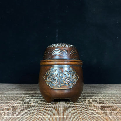 Handcrafted Pure Copper Incense Burner/Cricket Jar/Grasshopper Cage with Dragon and Phoenix Relief - Antique, Unique Gift