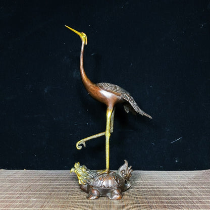 Antique Handcrafted Bronze Gilded Crane on Tortoise Sculpture - Exquisite Rare Art Piece