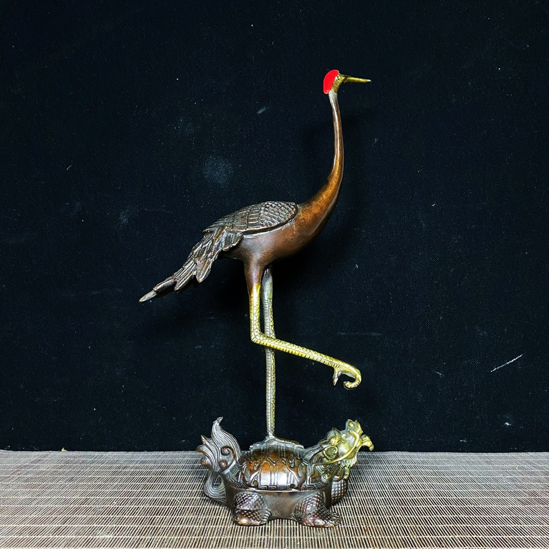 Antique Handcrafted Bronze Gilded Crane on Tortoise Sculpture - Exquisite Rare Art Piece