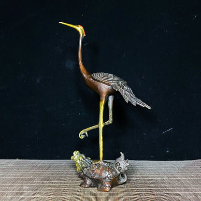 Antique Handcrafted Bronze Gilded Crane on Tortoise Sculpture - Exquisite Rare Art Piece