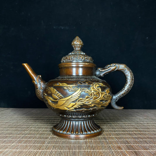 Antique Handcrafted Pure Copper Gilded Dragon & Phoenix Wine Pot