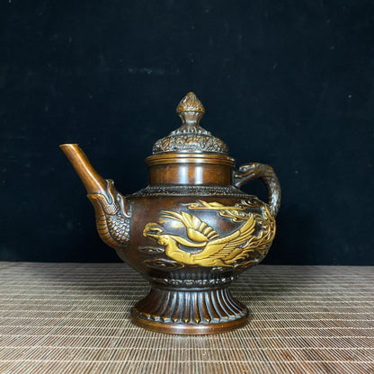 Antique Handcrafted Pure Copper Gilded Dragon & Phoenix Wine Pot