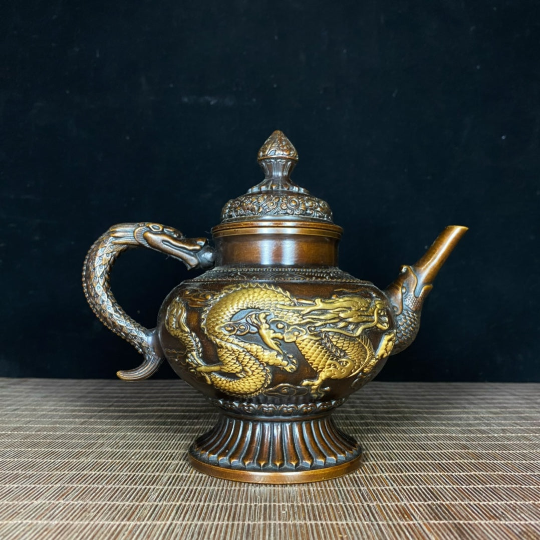 Antique Handcrafted Pure Copper Gilded Dragon & Phoenix Wine Pot