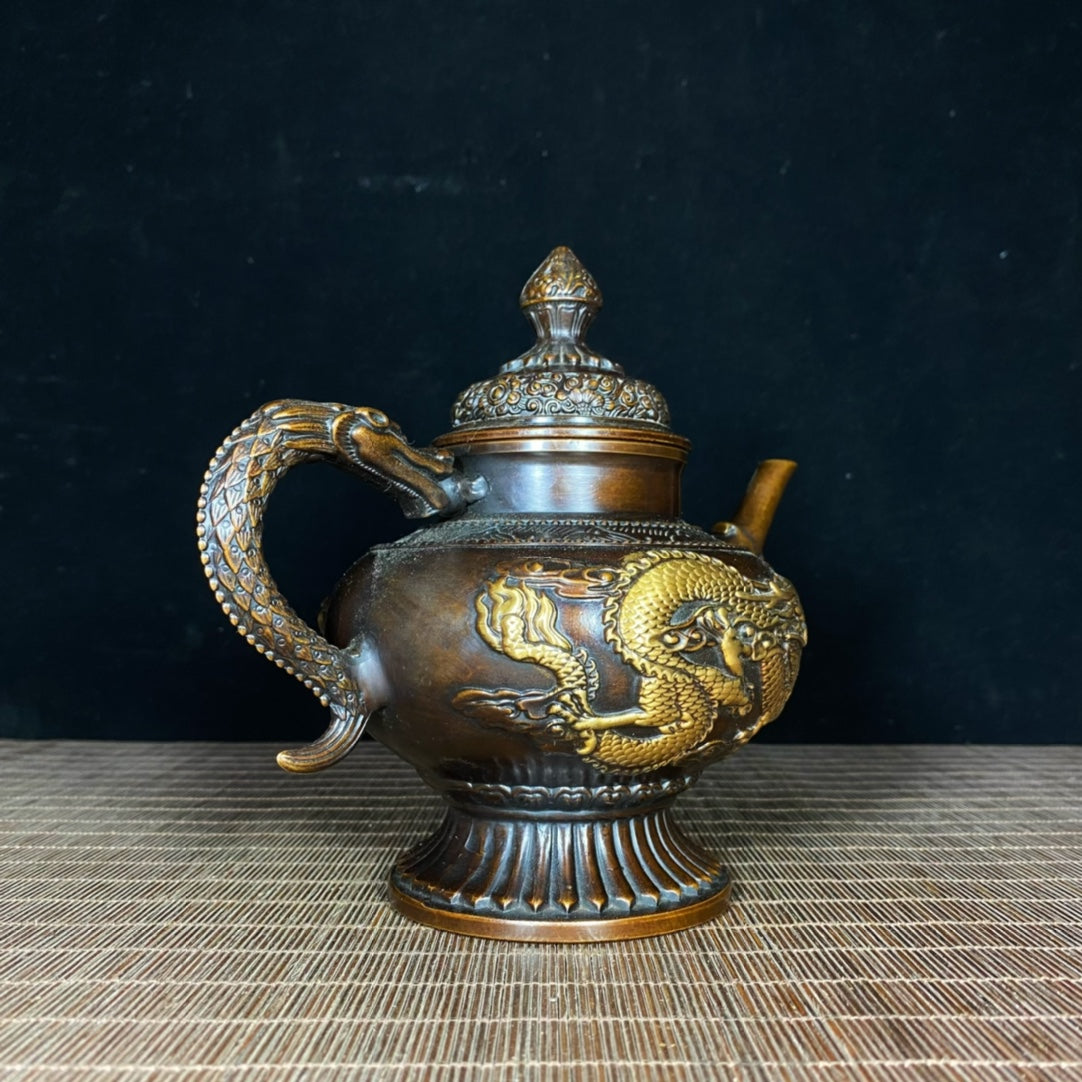 Antique Handcrafted Pure Copper Gilded Dragon & Phoenix Wine Pot