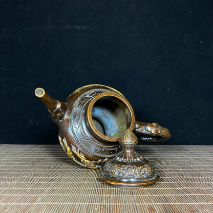 Antique Handcrafted Pure Copper Gilded Dragon & Phoenix Wine Pot