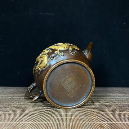 Antique Handcrafted Pure Copper Gilded Dragon & Phoenix Wine Pot