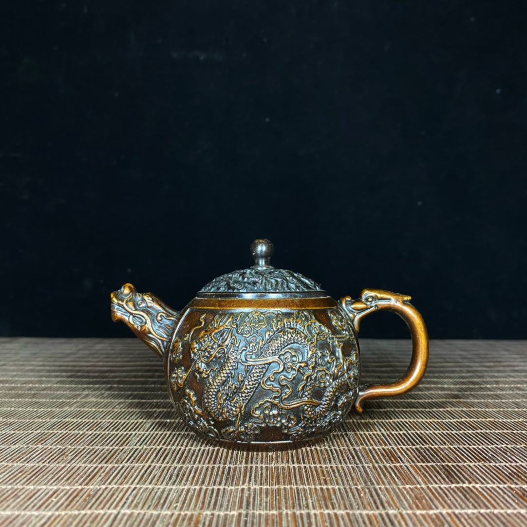 Exquisite Handcrafted Pure Copper Dragon and Phoenix Teapot - A Rare Antique Masterpiece