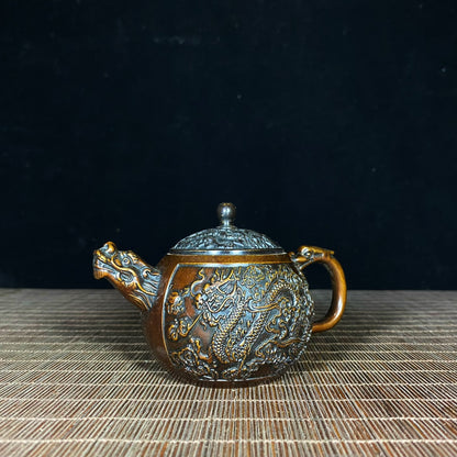 Exquisite Handcrafted Pure Copper Dragon and Phoenix Teapot - A Rare Antique Masterpiece