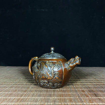 Exquisite Handcrafted Pure Copper Dragon and Phoenix Teapot - A Rare Antique Masterpiece