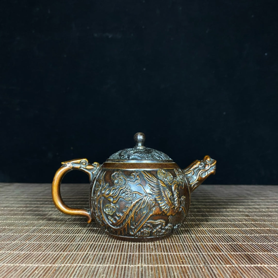 Exquisite Handcrafted Pure Copper Dragon and Phoenix Teapot - A Rare Antique Masterpiece